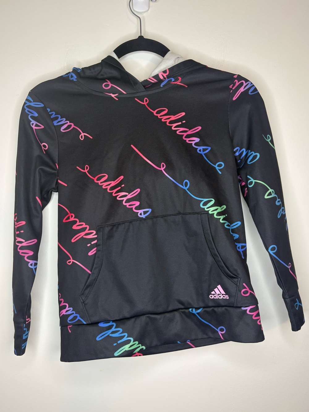 adidas Black Hoodie with Multicolor Neon Script Girls size M 10/12